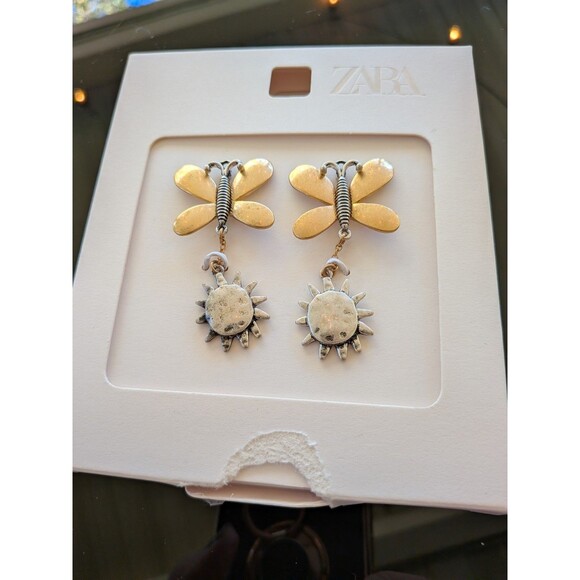 ZARA Earrings Butterfly Sun Contrast Gold Silver Tone Drop Whimsy Statement NEW - Picture 6 of 7